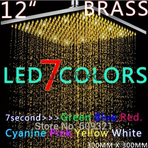 brass 12 inch square LED bathroom 7 colors changing rainfall shower head
