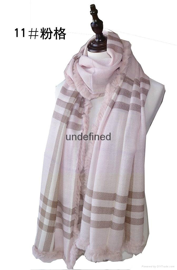 ladies warm fashion lepoard print100% woolen with rex rabbit fur scarf shawl 4