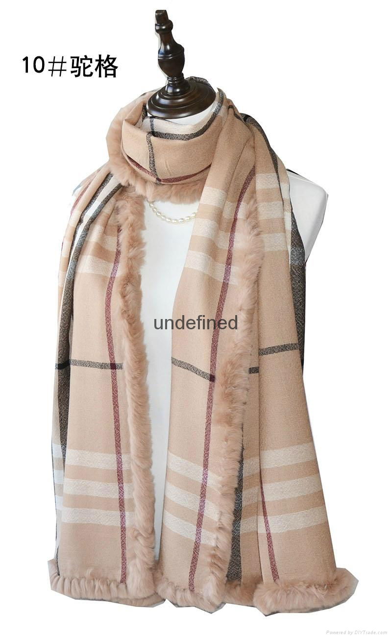 ladies warm fashion lepoard print100% woolen with rex rabbit fur scarf shawl 5