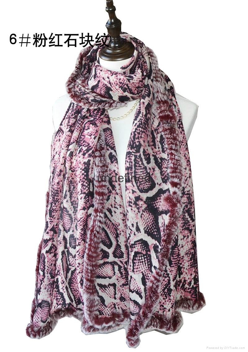 ladies warm fashion lepoard print100% woolen with rex rabbit fur scarf shawl