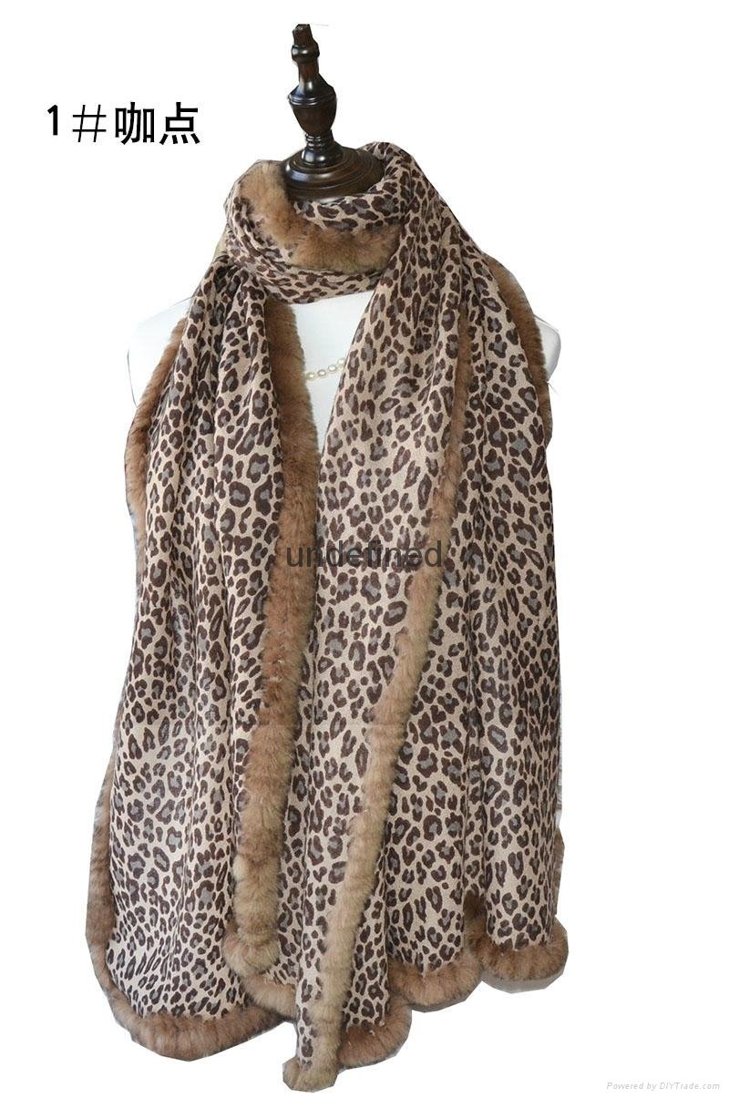 ladies warm fashion lepoard print100% woolen with rex rabbit fur scarf shawl 2