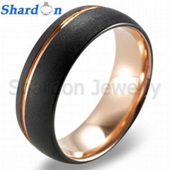 Men's 8mm Domed Black Sandblasted Finish Tungsten Ring with Gold Groove and Inne
