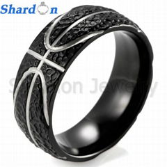 8mm men's hammerd IP black titanium ring with basketball pattern inlay