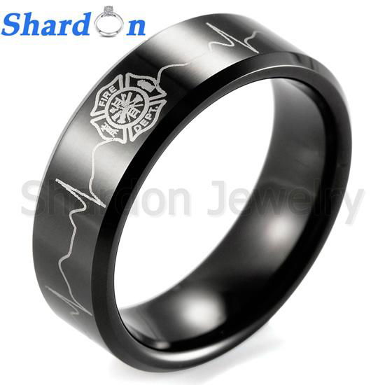 Men's 8mm Black Beveled Tungsten Ring with Engraved Firefighter Shield and EKG