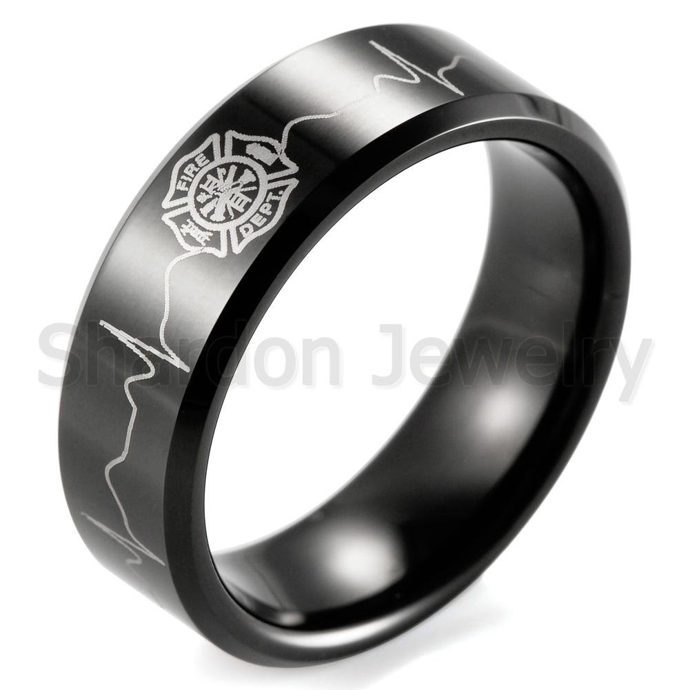 Men's 8mm Black Beveled Tungsten Ring with Engraved Firefighter Shield and EKG 2