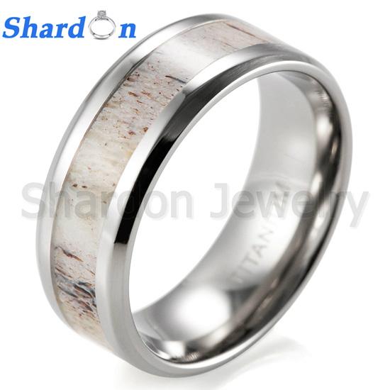 Men's 8mm Beveled Edge Titanium Wedding Ring with Real Deer Antler Inlay