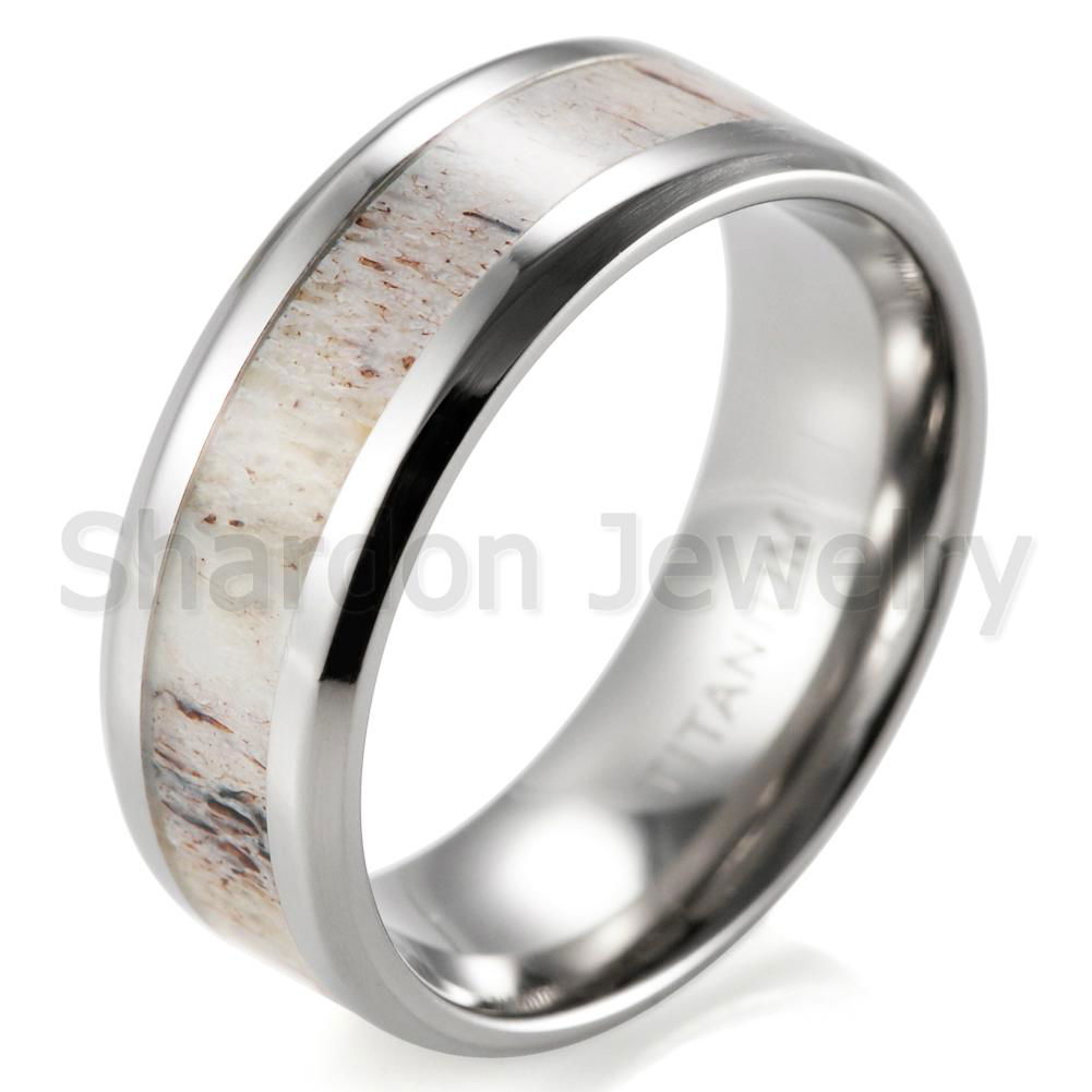 Men's 8mm Beveled Edge Titanium Wedding Ring with Real Deer Antler Inlay 2