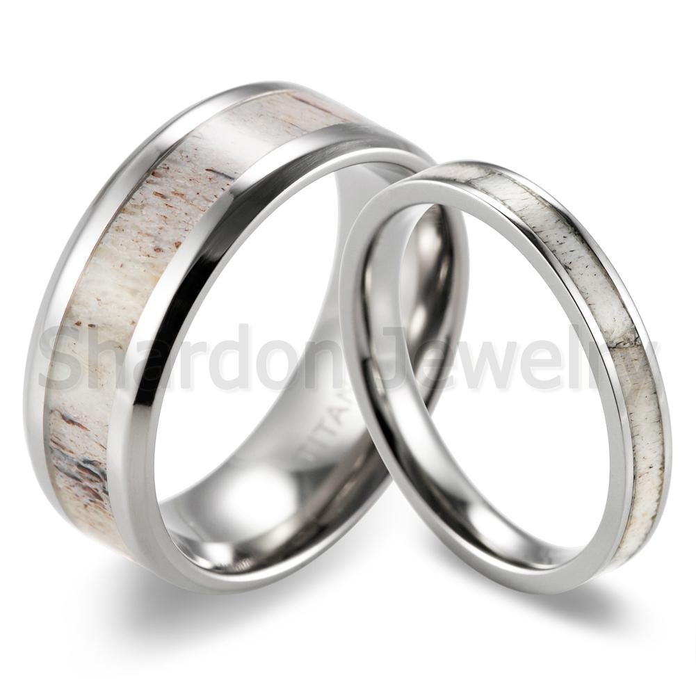 Men's 8mm Beveled Edge Titanium Wedding Ring with Real Deer Antler Inlay 3