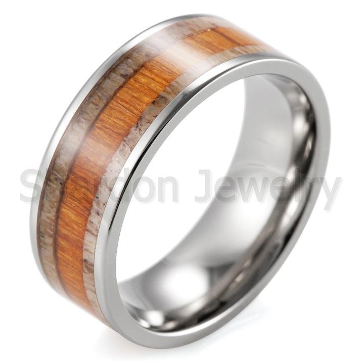 8毫米宽镶木和天然鹿角的钛结婚戒指 2