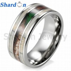 Titanium Wedding Ring with Camo and Real Deer Antler Inlay for men