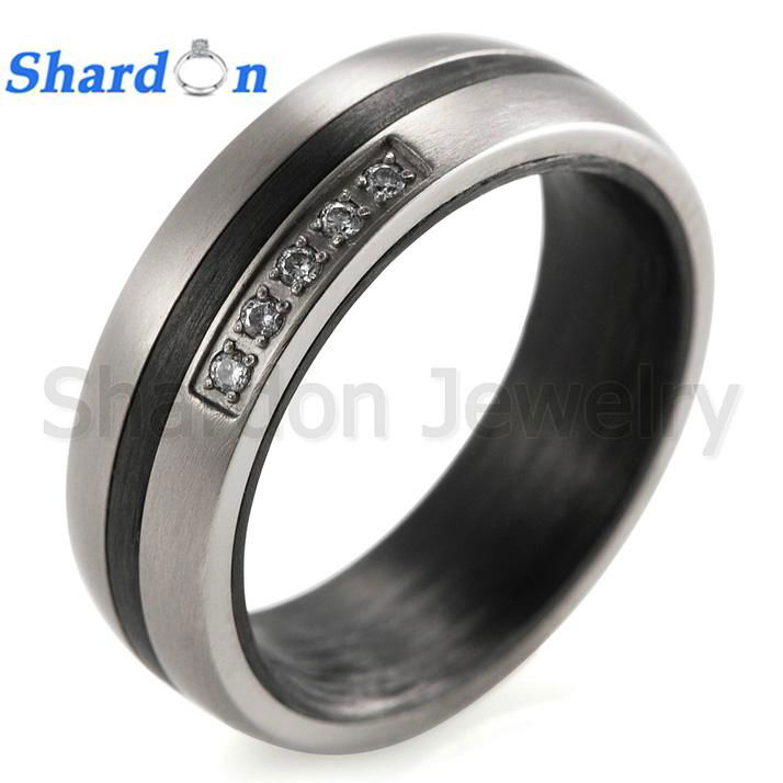 6mm Carbon Fiber &Titanium Matte Finish Ring With CZ Engagement Wedding Band