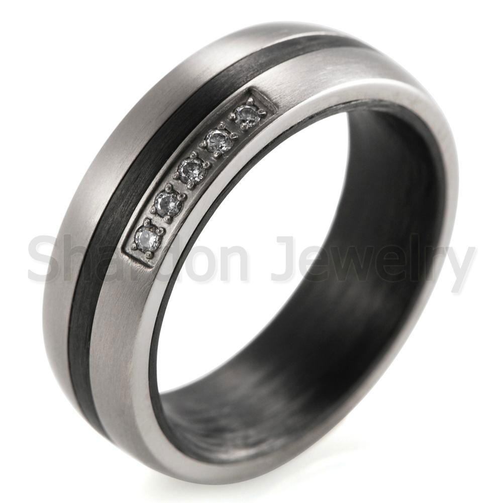 6mm Carbon Fiber &Titanium Matte Finish Ring With CZ Engagement Wedding Band 2