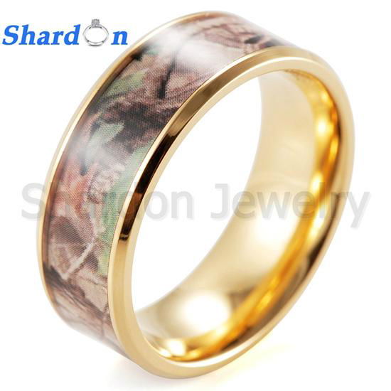  8mm Men's Gold Titanium Green Mossy Tree Oak Camo Ring Wedding Band