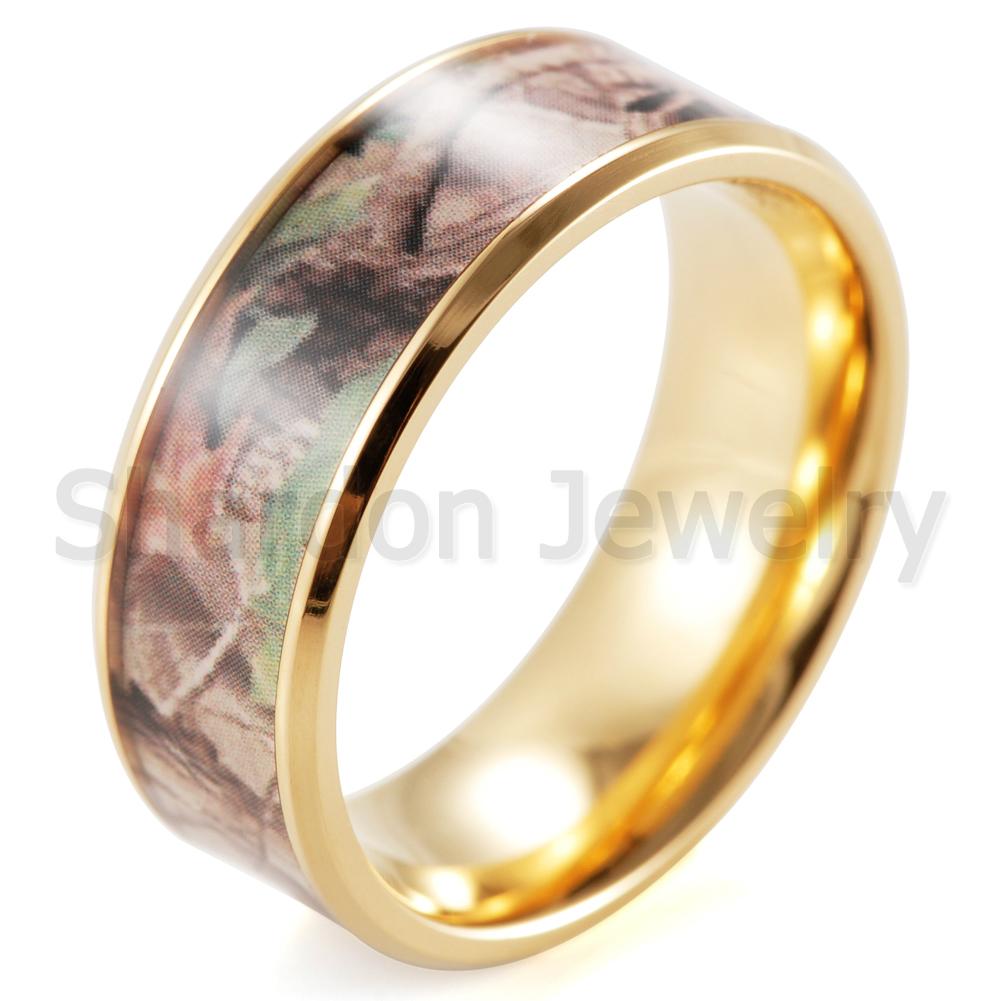  8mm Men's Gold Titanium Green Mossy Tree Oak Camo Ring Wedding Band 2