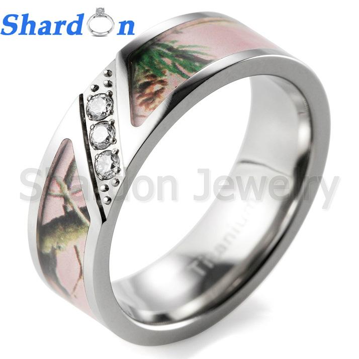 7mm Pink Branches Camo Titanium Ring Diagonal Grooved with 3 CZ Stones Inlay