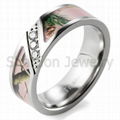 7mm Pink Branches Camo Titanium Ring Diagonal Grooved with 3 CZ Stones Inlay 2