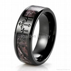 SHARDON Men's 8mm width IP Black Titanium 3 Crosses Real Forest Camo Ring