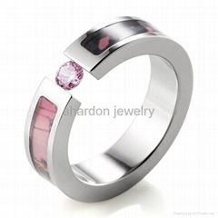 SHARDON Women's 5mm Titanium Tension Set Pink Tree Camo Ring with Pink CZ stone 