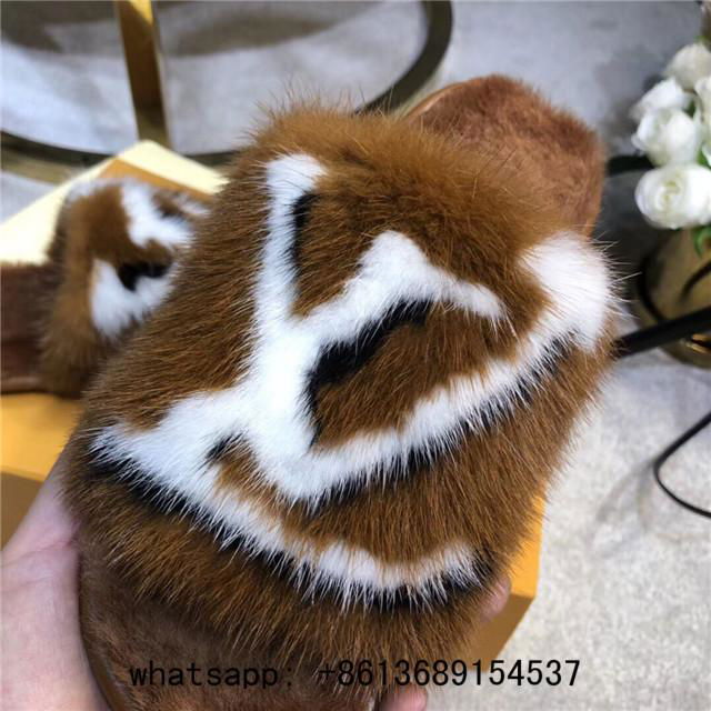 Designer house slippers LV suite flat mule lv fur slides LV mink fur slippers - women homey flat ...