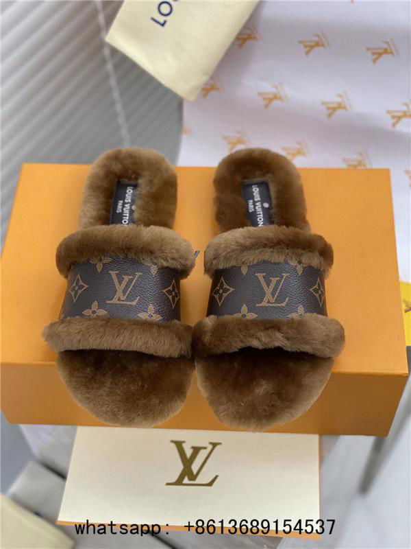 Designer house slippers LV suite flat mule lv fur slides LV mink fur slippers - women homey flat ...