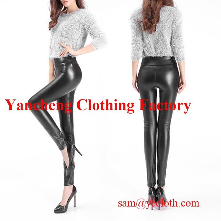 High waist faux leather fleece lined winter leggings black pu coated pants 3