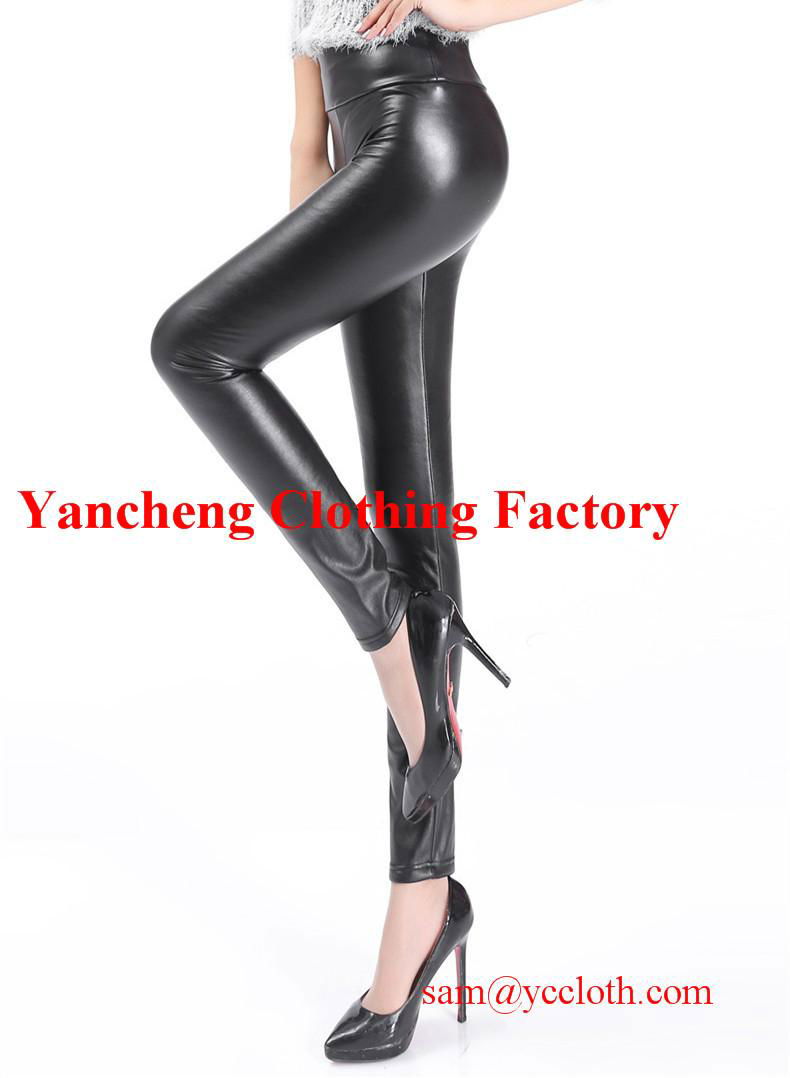 High waist faux leather fleece lined winter leggings black pu coated pants