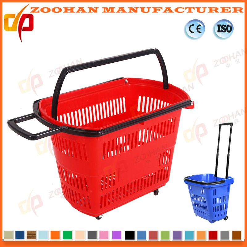 Plastic Supermarket Handle Shopping Basket with Wheels 4