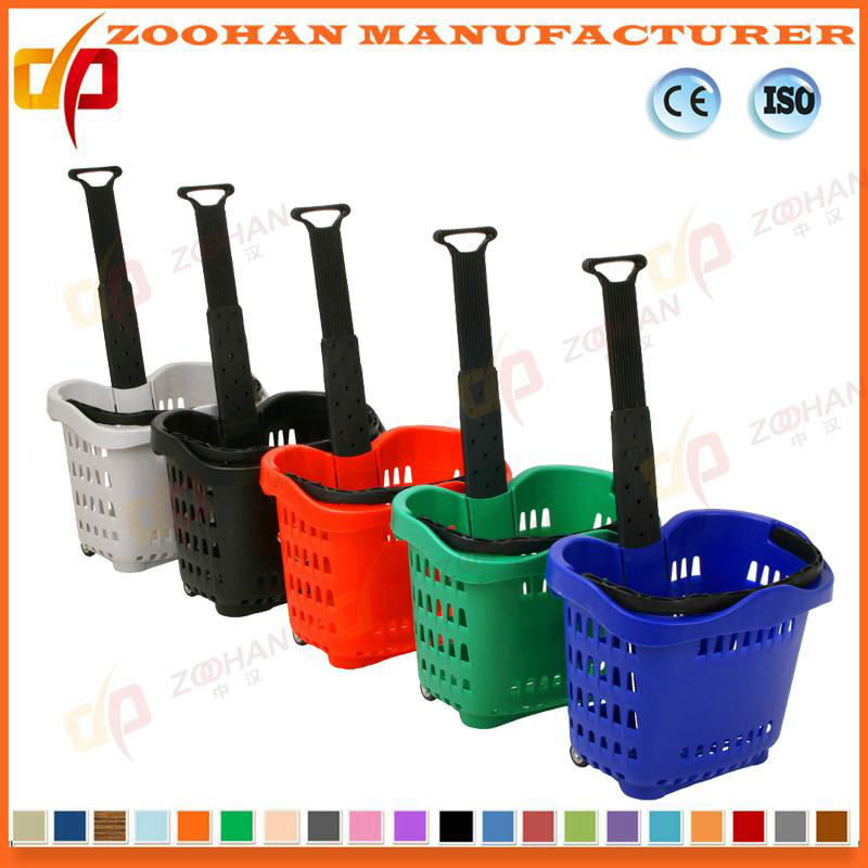 Plastic Supermarket Handle Shopping Basket with Wheels 2