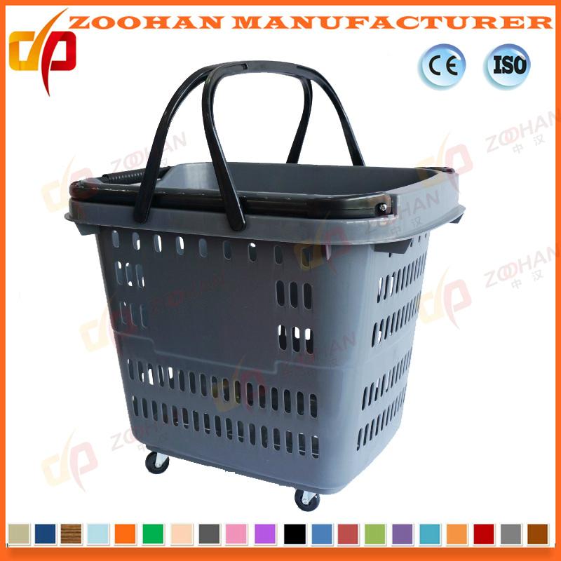 Plastic Supermarket Handle Shopping Basket with Wheels 3