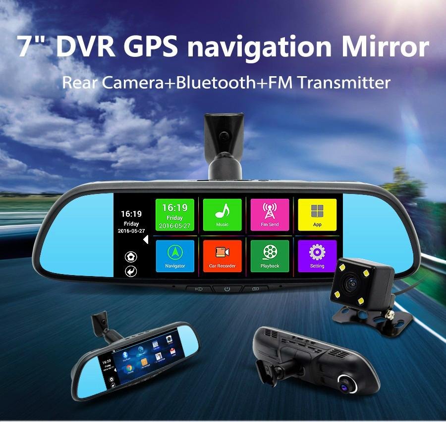 7.0 inch Android 4.4 system rearview mirror Bluetooth gps navigation dual camera