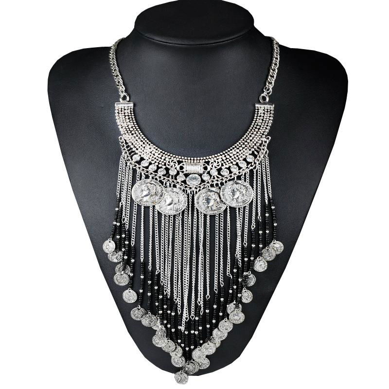 Bohemian ethnic tassel exaggerated coin necklace