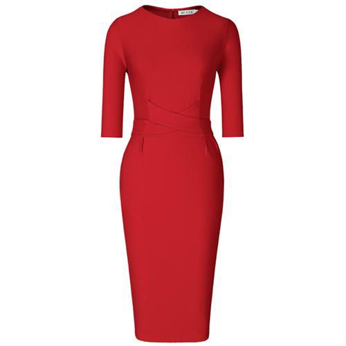 MUXXN 3/4 Sleeve Pleated Below Knee Office Pencil Dress 4