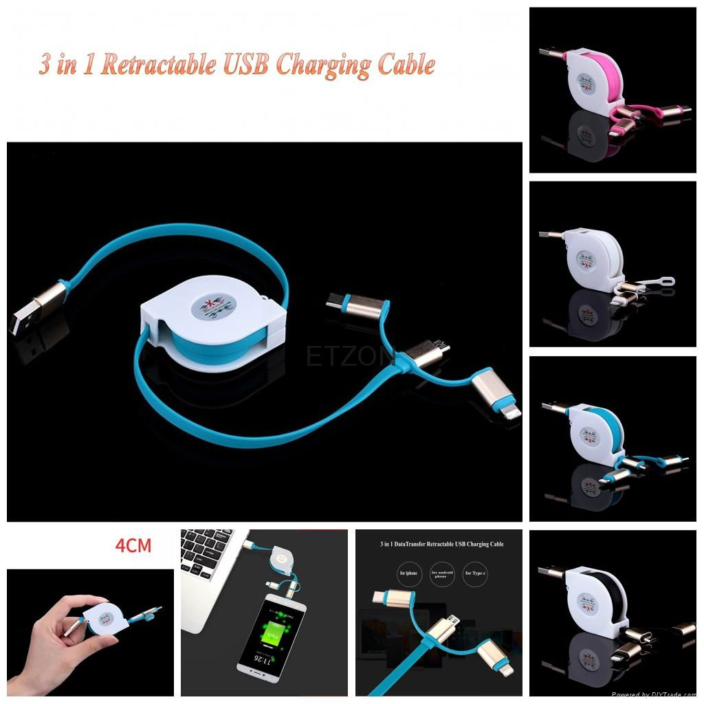 High Quality 3 in 1 DataTransfer Retractable Micro USB Charging Cable for Phone