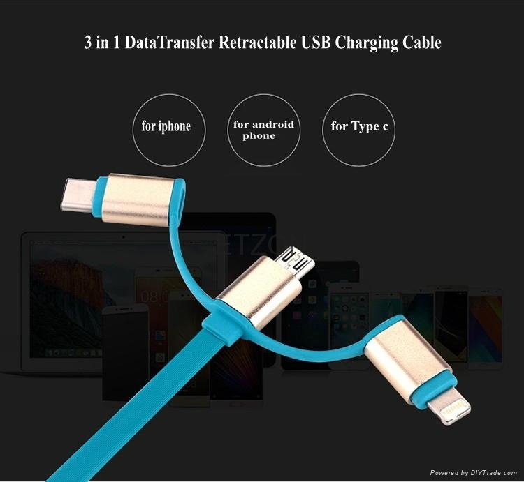 High Quality 3 in 1 DataTransfer Retractable Micro USB Charging Cable for Phone 4