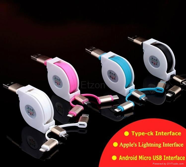 Data cable 3 in 1 retractable micro usb charging cable data sync cable