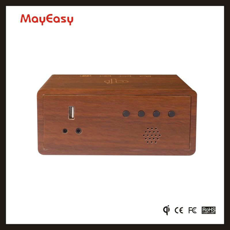 best gift wooden led alarm clock with bluetooth speaker and QI charger 2