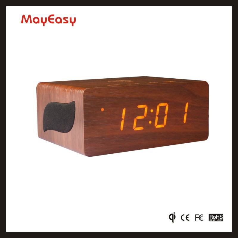 best gift wooden led alarm clock with bluetooth speaker and QI charger