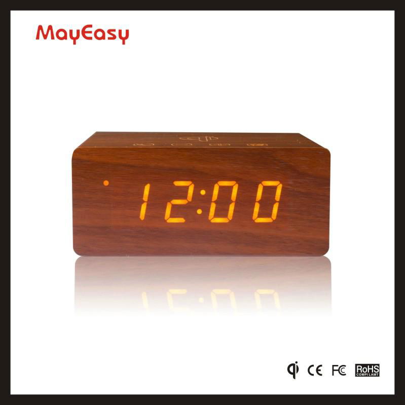 best gift wooden led alarm clock with bluetooth speaker and QI charger