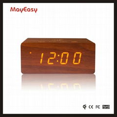 best gift wooden led alarm clock with bluetooth speaker and QI charger