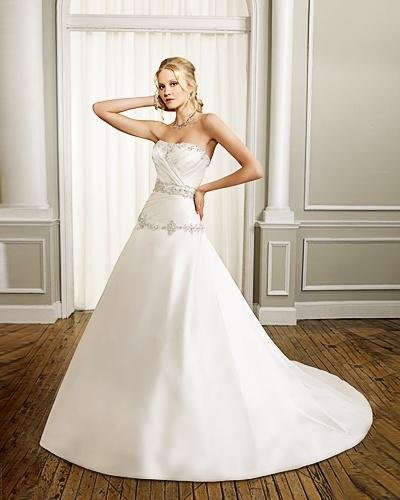 A-line Scoop Strapless Satin Cathedral Train Beading Ruffled Wedding Dress 3