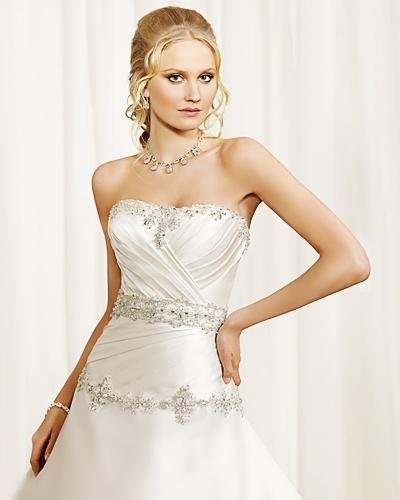 A-line Scoop Strapless Satin Cathedral Train Beading Ruffled Wedding Dress 2