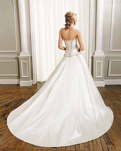 A-line Scoop Strapless Satin Cathedral Train Beading Ruffled Wedding Dress