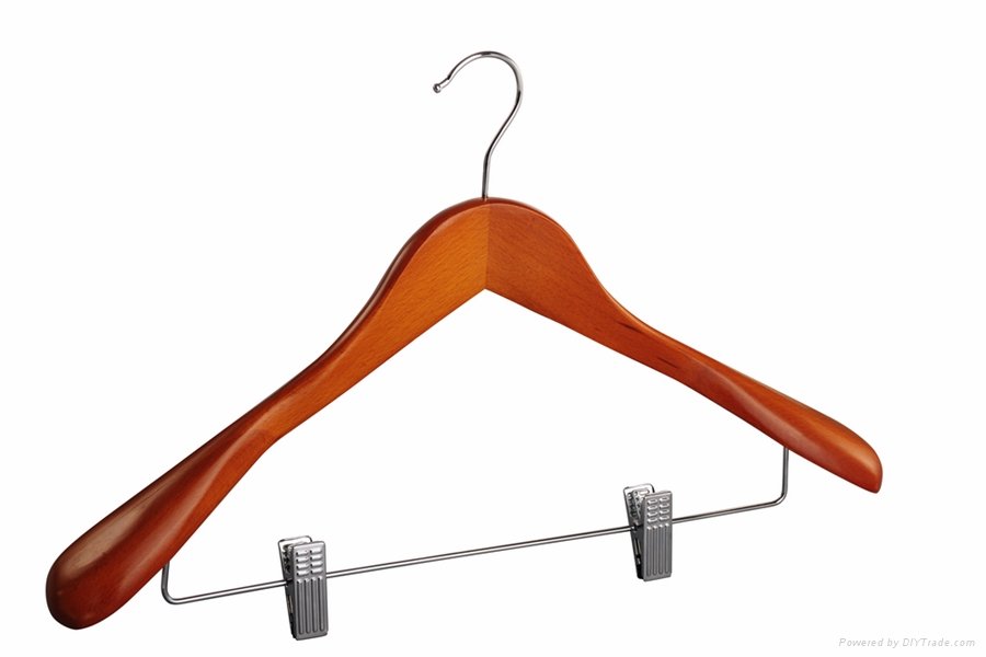 Deluxe wooden coat hanger with  clips pant hanger