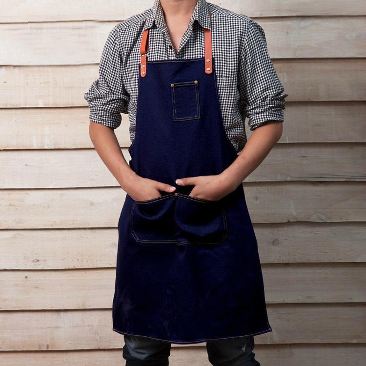 wholesale high quality denim black heavy custom apron with leather strap