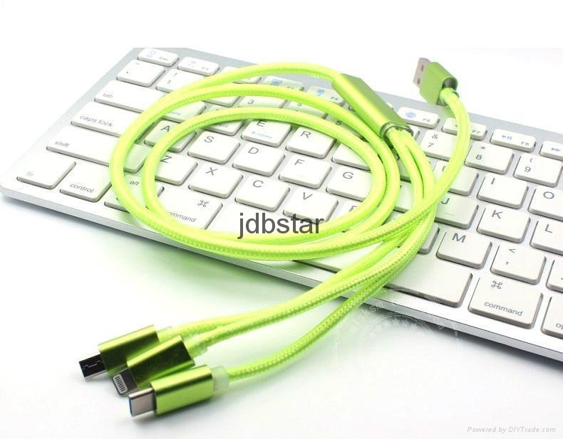 3 in 1 Multi-Function Phone Charge Cable 1.2m Mental Nylon USB Cable for Smart P 3