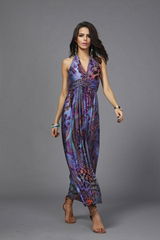 Spring Summer Beach Dress Sleeveless Halter Deep V Backless Bohemian Multicolor 