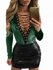 Women Fashion Sexy Lace Slim Green Strape Bodysuits