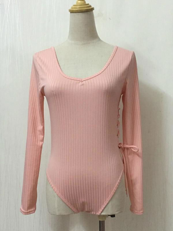 Women Sexy Pink Long Sleeve V-neck  Bodysuit 3