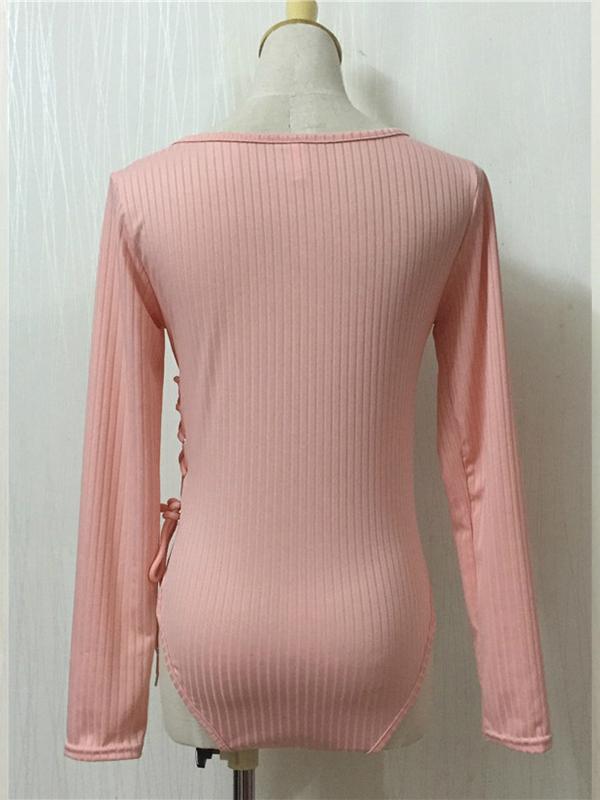 Women Sexy Pink Long Sleeve V-neck  Bodysuit 4