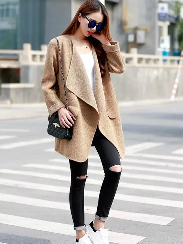 Women Fashion High Quality Khaki Grey Casual Long Sleeve Coat 3